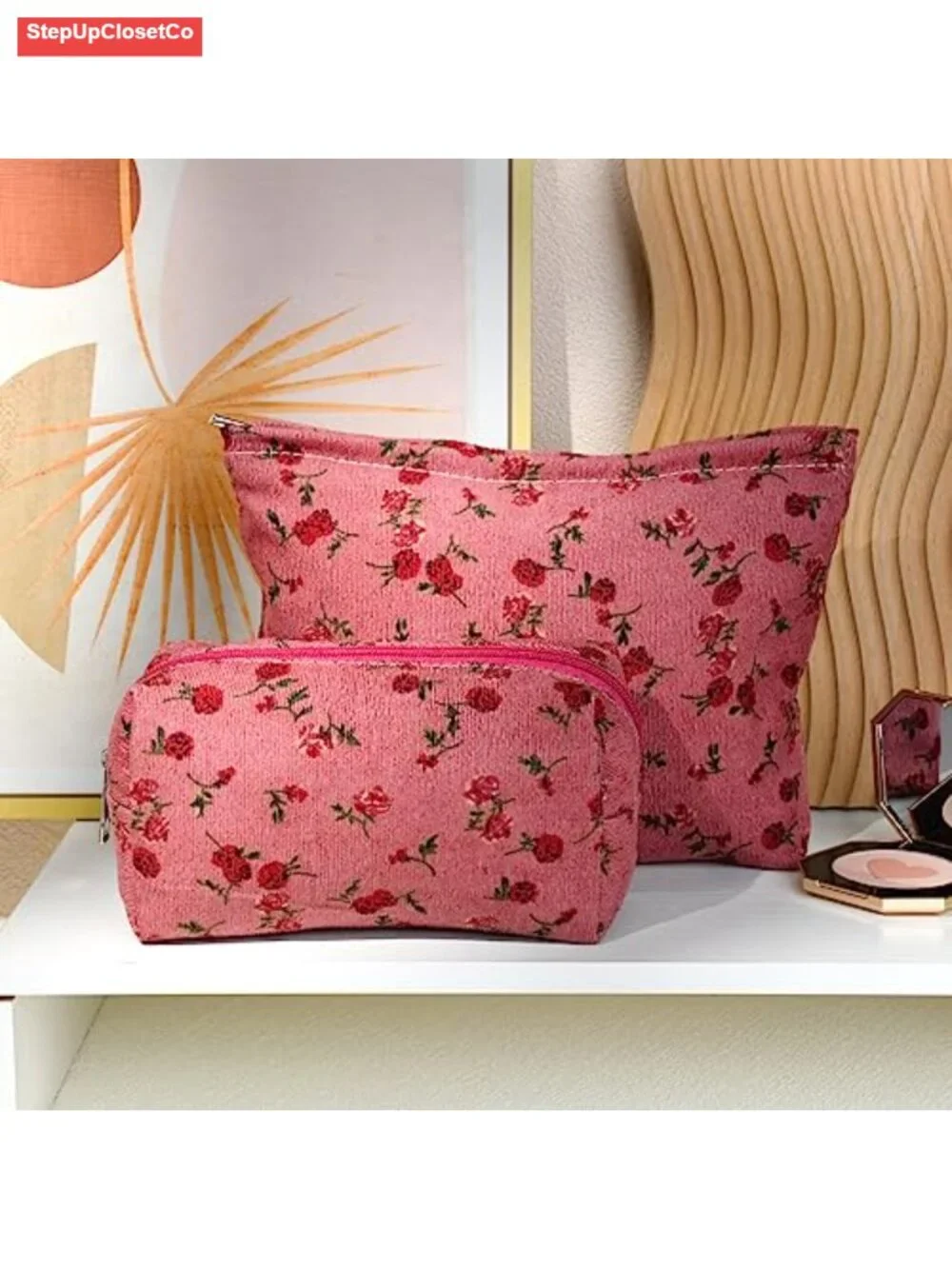 2 Pack Floral Cosmetic Bags - Large Canvas Travel Makeup Organizer with